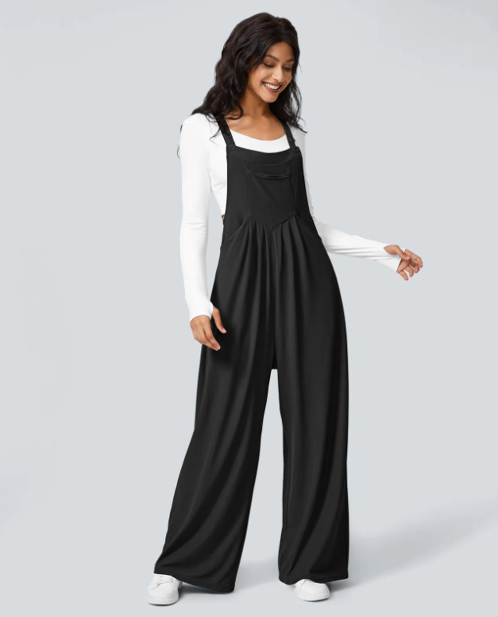 Halara Black Waffle Wide Leg Overalls Jumpsuit Pockets Size XL